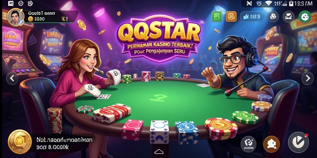 Tampilan gameplay QQSTAR dengan fitur slot dan meja Kasino yang menarik.