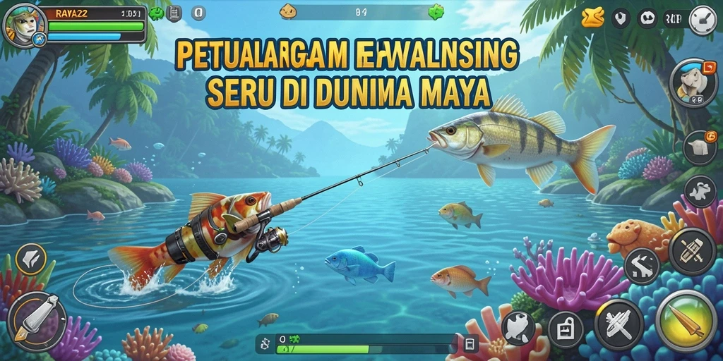 Screenshot menampilkan gameplay seru dari RAYA22 dengan aktivitas memancing.