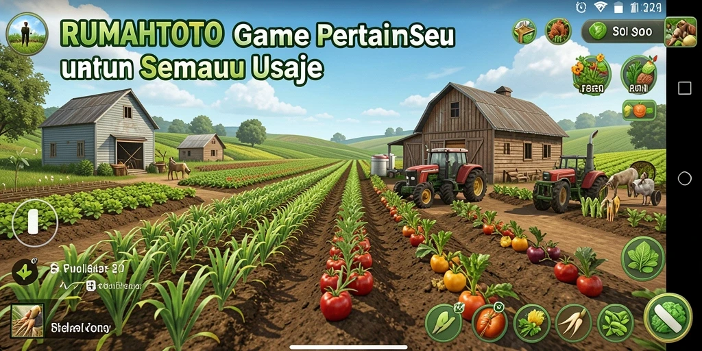 Tangkapan layar RUMAHTOTO menampilkan gameplay pertanian yang menarik dan penuh warna.